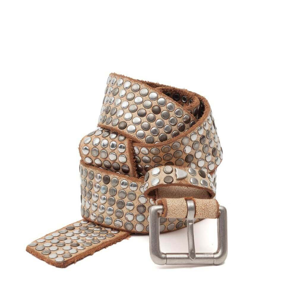 Hollywood Trading Company 5.000 STUDS BELT 5.000 STUDS BELT Leather belt with studs, brass buckle, studded zamac belt loop with HTC logo rivet. Height: 3.5 cm. Made in Italy. BELTS Hollywood Trading Company Hollywood Trading Company
