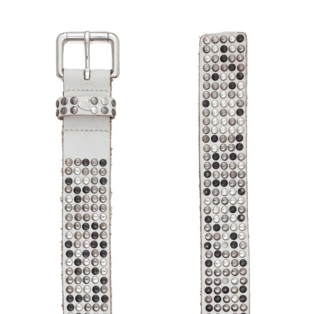 Hollywood Trading Company 5.000 STUDS BELT 5.000 STUDS BELT White Leather belt with mixed studs, brass buckle, studded zamac belt loop with HTC logo rivet. Height: 3.5 cm. Made in Italy. BELTS Hollywood Trading Company Hollywood Trading Company