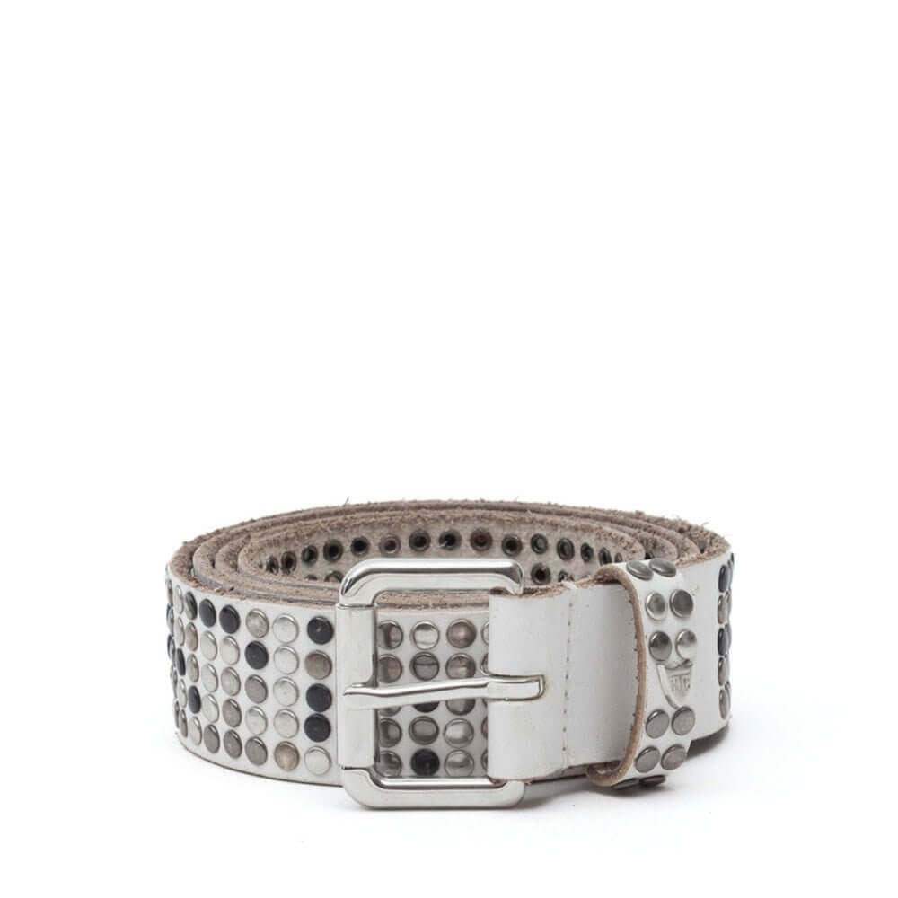 Hollywood Trading Company 5.000 STUDS BELT 5.000 STUDS BELT White Leather belt with mixed studs, brass buckle, studded zamac belt loop with HTC logo rivet. Height: 3.5 cm. Made in Italy. BELTS Hollywood Trading Company Hollywood Trading Company