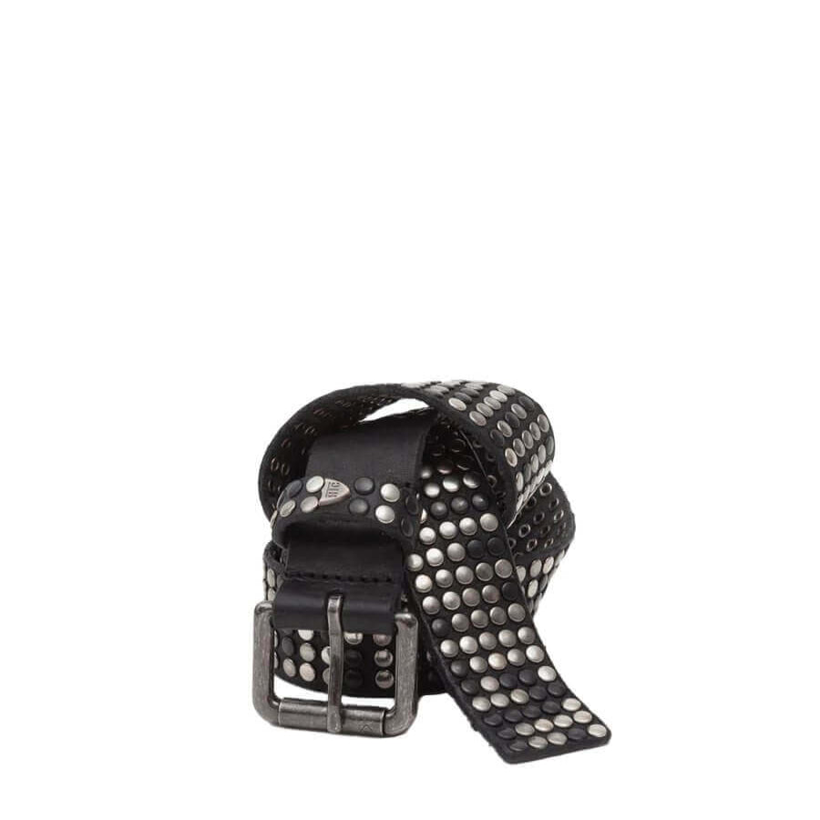 Hollywood Trading Company 5.000 STUDS BELT 5.000 STUDS BELT Black leather belt with mixed studs, brass buckle, studded zamac belt loop with HTC logo rivet. Height: 3.5 cm. Made in Italy. BELTS Hollywood Trading Company Hollywood Trading Company