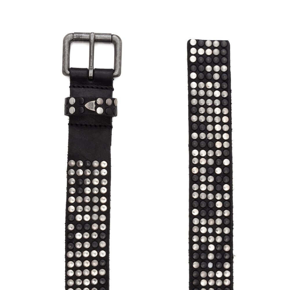 Hollywood Trading Company 5.000 STUDS BELT 5.000 STUDS BELT Black leather belt with mixed studs, brass buckle, studded zamac belt loop with HTC logo rivet. Height: 3.5 cm. Made in Italy. BELTS Hollywood Trading Company Hollywood Trading Company
