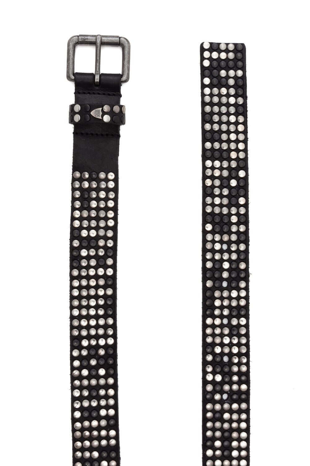 5.000 studs belt Black leather belt with mixed studs, brass buckle, studded zamac belt loop with HTC logo rivet. Height: 3.5 cm. Made in Italy. HTC LOS ANGELES