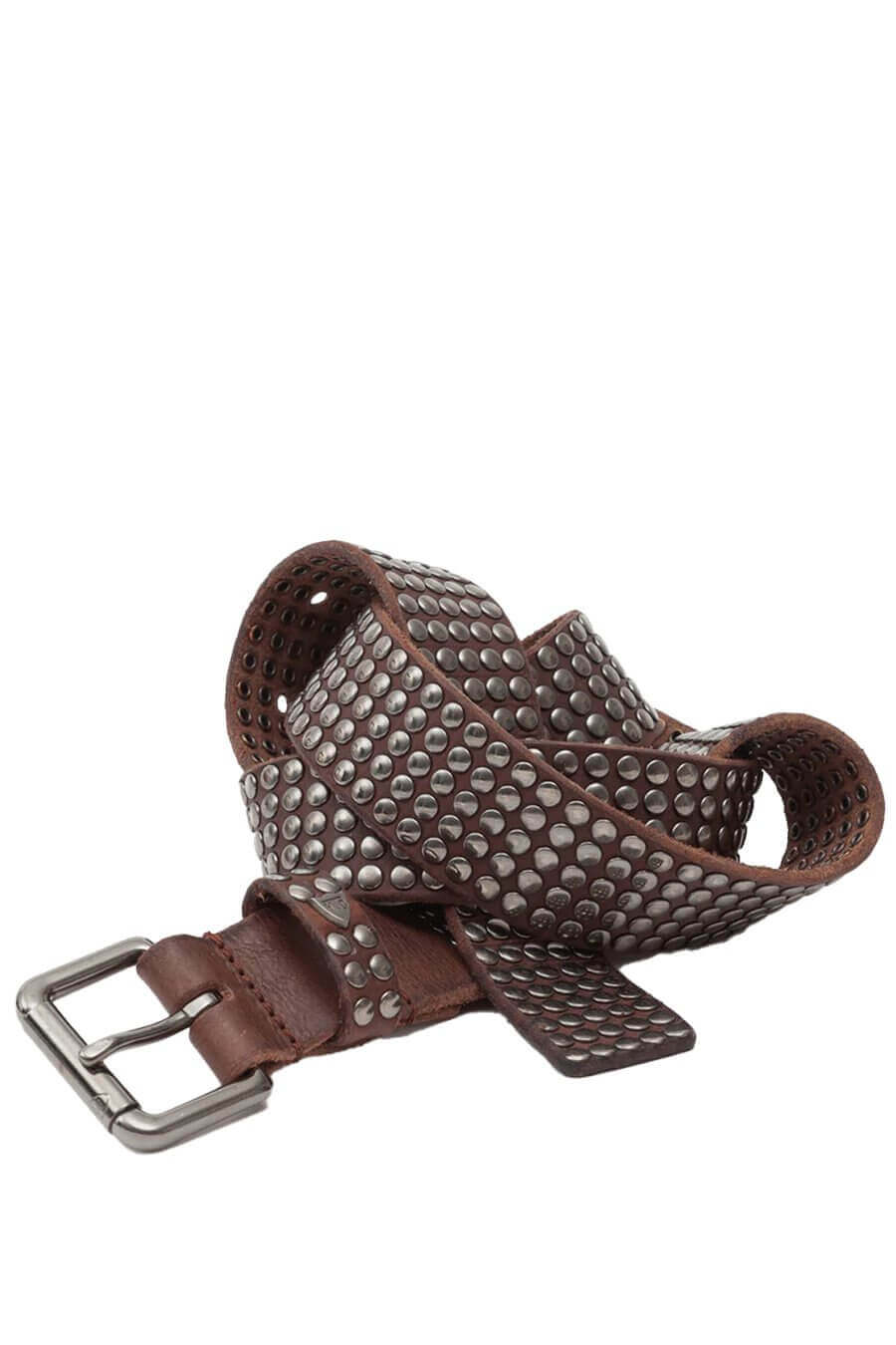 5.000 STUDS BELT Brown leather belt with studs, brass buckle, studded zamac belt loop with HTC logo rivet. Height: 3.5 cm. Made in Italy. HTC LOS ANGELES
