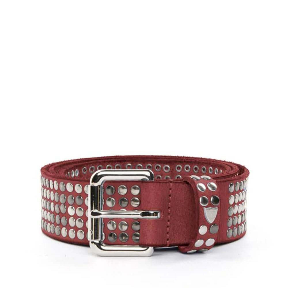 htclosangeles 5.000 STUDS COLOR BELT 5.000 STUDS COLOR BELT Leather belt with mixed studs, brass buckle, studded loop and rivet with engraved logo. Made in Italy, 3.5 cm height. Hollywood Trading Company Hollywood Trading Company