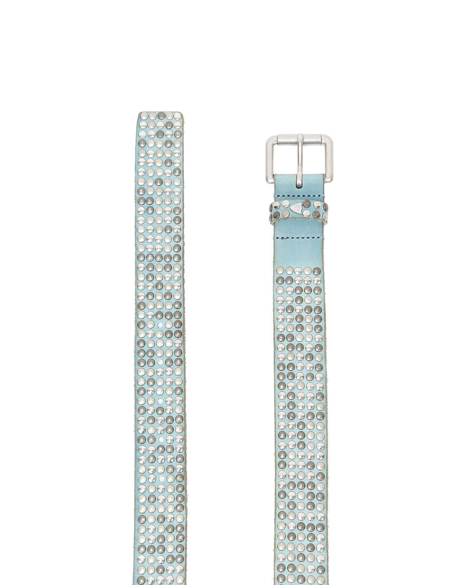 5.000 STUDS COLOR BELT LIght blue leather belt with mixed studs, brass buckle, studded zamac belt loop with HTC logo rivet. Height: 3.5 cm. Made in Italy. HTC LOS ANGELES