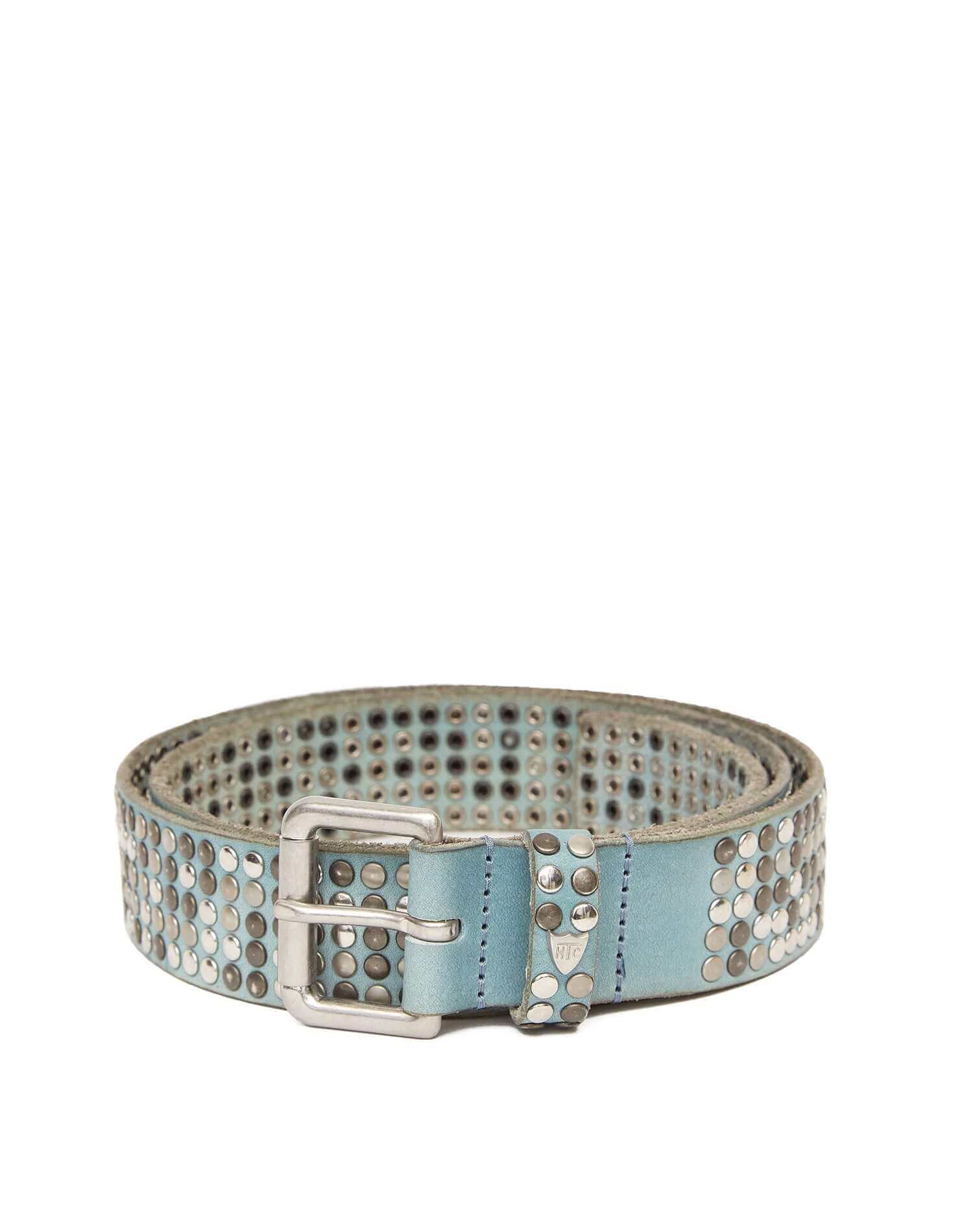 5.000 STUDS COLOR BELT LIght blue leather belt with mixed studs, brass buckle, studded zamac belt loop with HTC logo rivet. Height: 3.5 cm. Made in Italy. HTC LOS ANGELES