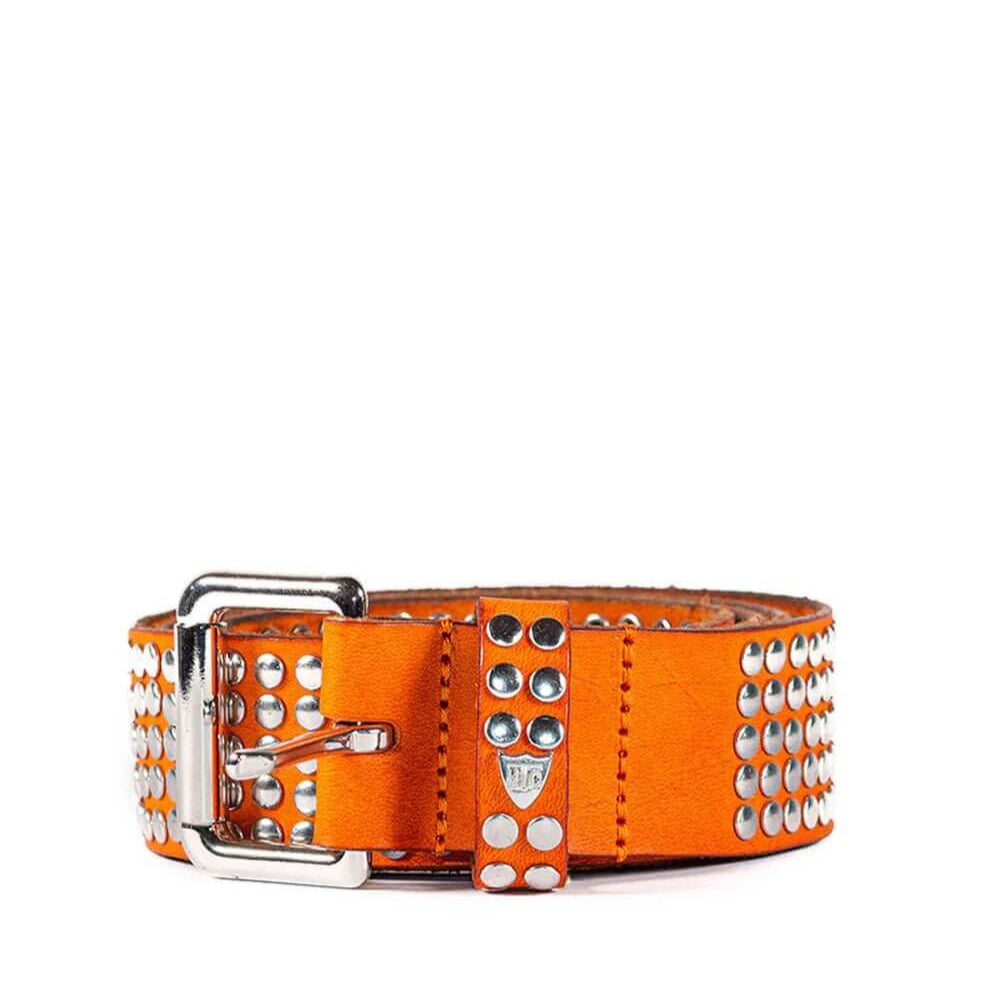 Hollywood Trading Company 5.000 STUDS COLOR BELT 5.000 STUDS COLOR BELT Leather belt with mixed studs, brass buckle, studded zamac belt loop with HTC logo rivet. Height: 3.5 cm. Made in Italy. BELTS Hollywood Trading Company Hollywood Trading Company