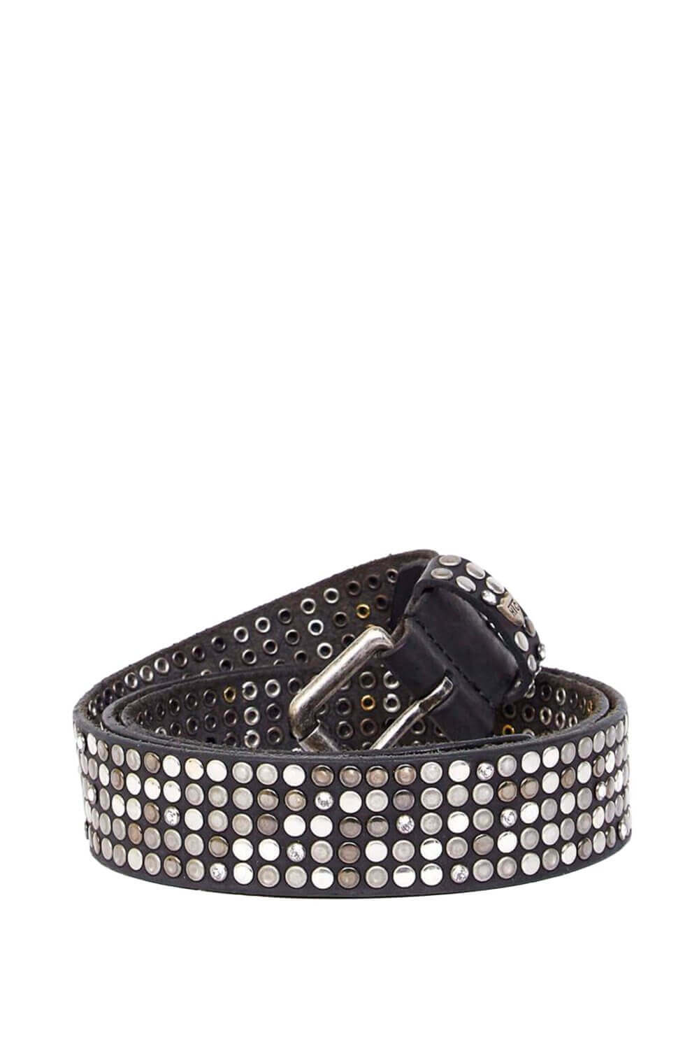 5.000 STUDS DELUXE BELT Black leather belt with mixed studs and rhinestones, brass buckle, studded zamac belt loop with HTC logo rivet. Height: 3.5 cm. Made in Italy. HTC LOS ANGELES