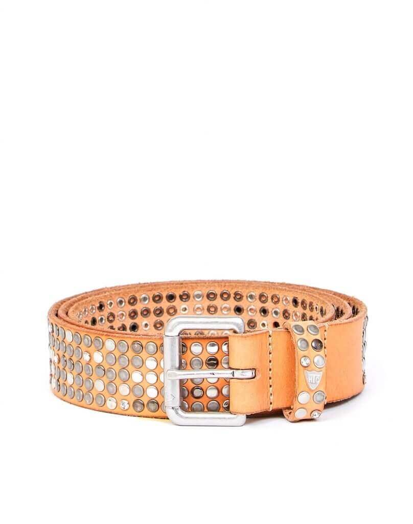 5.000 STUDS DELUXE BELT Nude color leather belt with mixed studs and rhinestones, brass buckle, studded zamac belt loop with HTC logo rivet. Height: 3.5 cm. Made in Italy. HTC LOS ANGELES