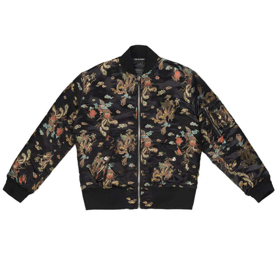Hollywood Trading Company ALFA BOMBER WOMAN ALFA BOMBER WOMAN Bomber jacket in jacquard fabric with chinese dragins design. Central zip closure, 2 side pockets with snap fasteners. Logo on the back. Inner lining 120gr. 100% polyester. Made in Italy. jacke