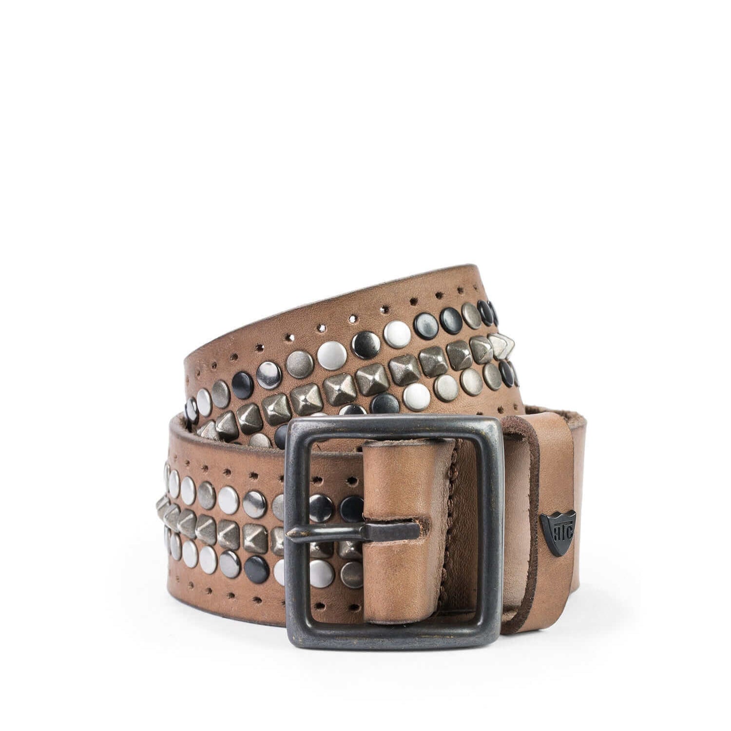 Hollywood Trading Company ENCINO BELT ENCINO BELT Leather belt with multi-finish studs, brass buckle, studded loop and rivet with engraved logo. Made in Italy. BELTS Hollywood Trading Company Hollywood Trading Company