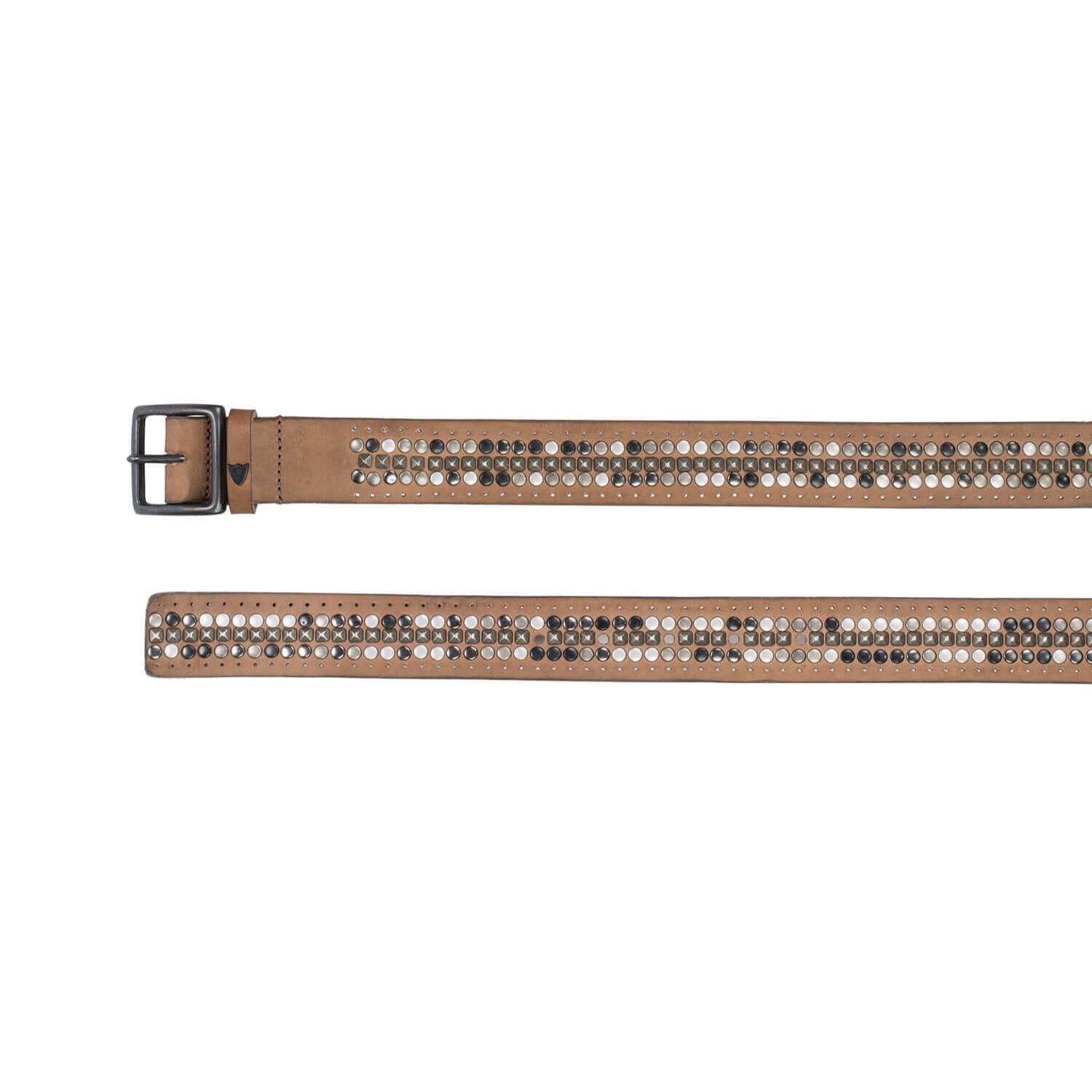 Hollywood Trading Company ENCINO BELT ENCINO BELT Leather belt with multi-finish studs, brass buckle, studded loop and rivet with engraved logo. Made in Italy. BELTS Hollywood Trading Company Hollywood Trading Company