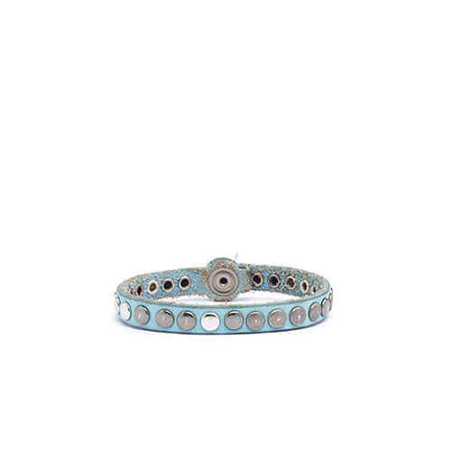 Hollywood Trading Company 10.000 ONE LINE BR 10.000 ONE LINE BR Light blue leather bracelet with studs, zamac button closure with carved HTC Los Angeles logo. Size M lenght: 20cm; Size S lenght: 19cm. 100% Made in Italy. Hollywood Trading Company Hollywoo