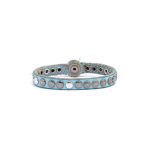 Hollywood Trading Company 10.000 ONE LINE BR 10.000 ONE LINE BR Light blue leather bracelet with studs, zamac button closure with carved HTC Los Angeles logo. Size M lenght: 20cm; Size S lenght: 19cm. 100% Made in Italy. Hollywood Trading Company Hollywoo