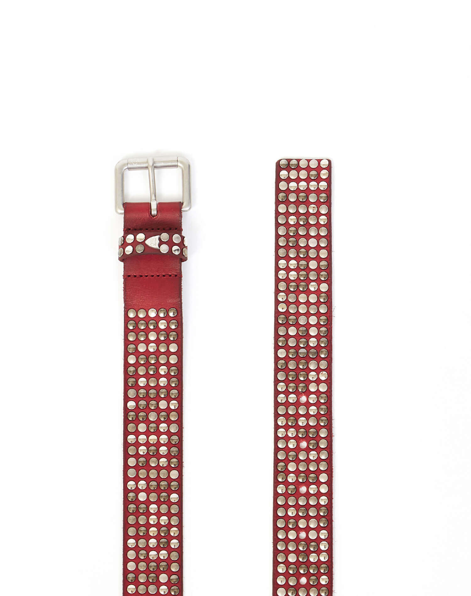 5.000 STUDS BELT Red leather belt with mixed studs, brass buckle, studded zamac belt loop with HTC logo rivet. Height: 3.5 cm. Made in Italy. HTC LOS ANGELES
