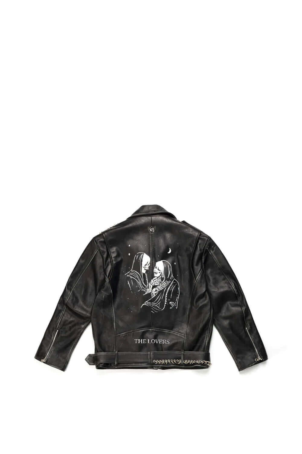 ALLEN SKULLS JACKET Black leather jacket printed on the back. Central zip closure. Side and frontal pockets with zip closure. 100% leather. Made in Italy. HTC LOS ANGELES