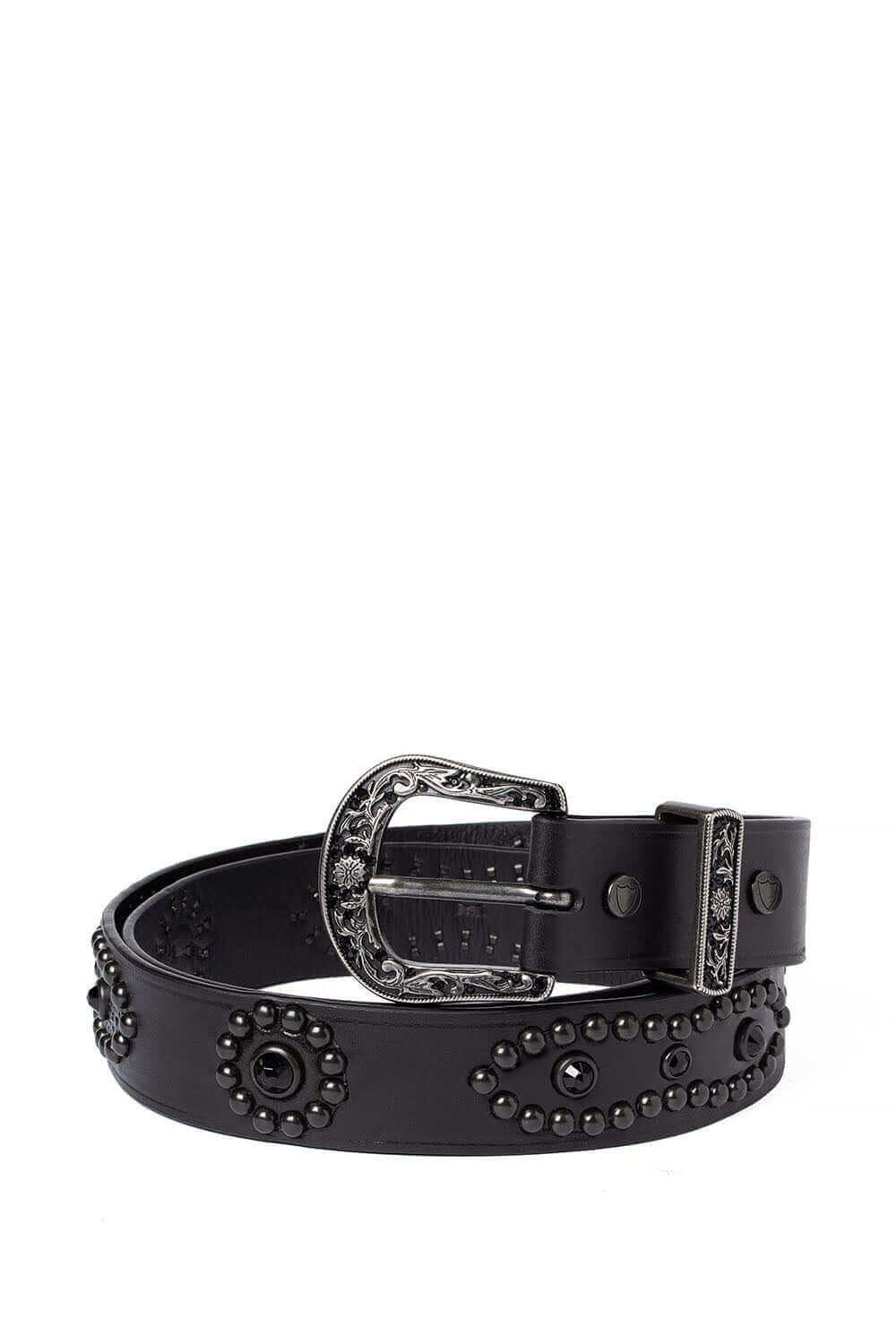AMERICAN BELT Black leather belt with studs and rhinestones.Height: 3 cm. Made in Italy. HTC LOS ANGELES