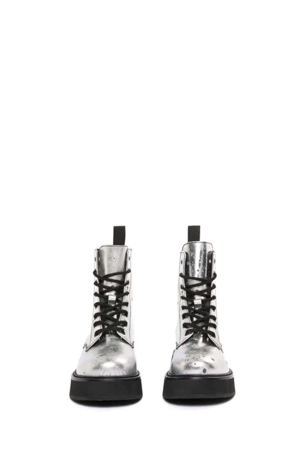 ARMY MOON BOOT Silver leather boots. Black laces. Sole height: 4 cm. Made in Italy. HTC LOS ANGELES