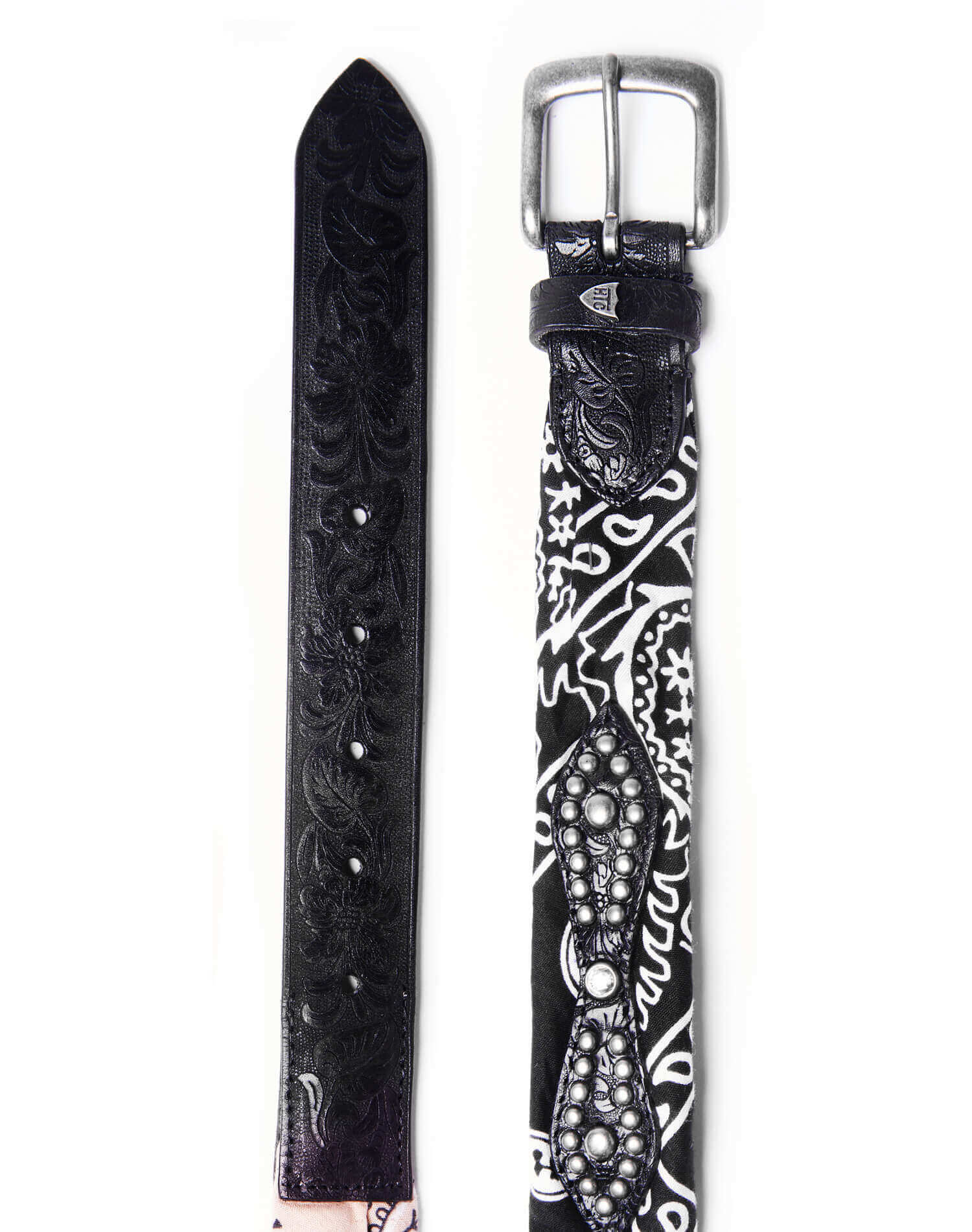 BANDANA BELT Black carved leather belt, paisley black and beige bandanas with studs and leather details. Height: 3,5 cm. Made in Italy. HTC LOS ANGELES