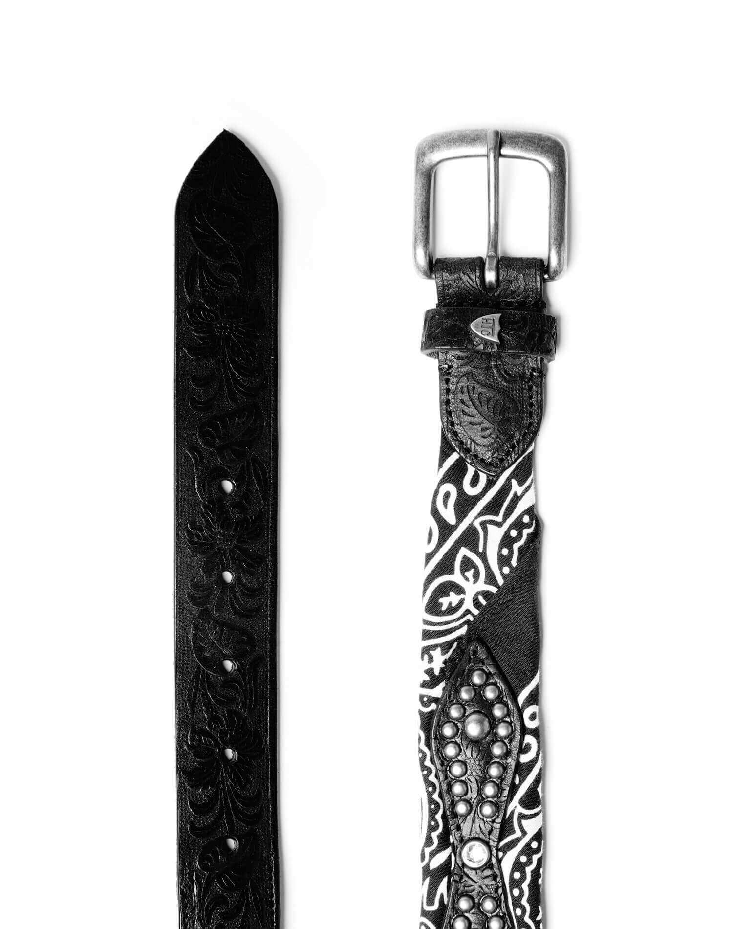 BANDANA BELT Black carved leather belt, paisley black bandana with studs and leather details. Height: 3,5 cm. Made in Italy. HTC LOS ANGELES