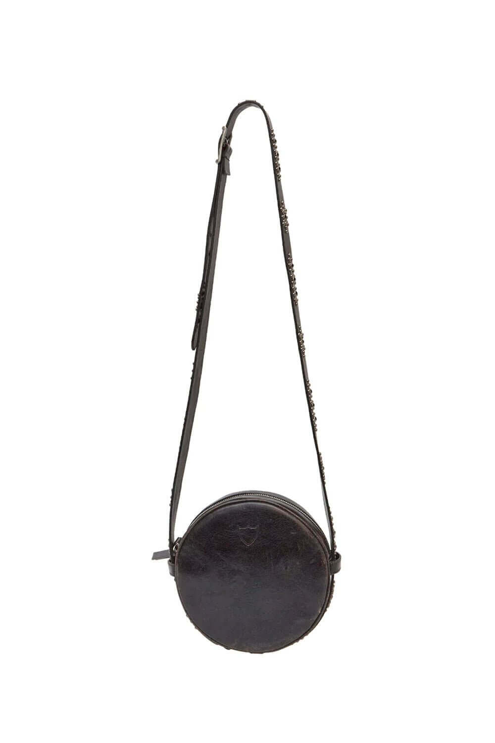 BEBE ROUND BAG Round leather bag with zip closure. Inner lining with two pockets. Studded shoulder strap. Lenght: 18 cm. Height: 18 cm. Depth: 5 cm. Made In Italy. HTC LOS ANGELES