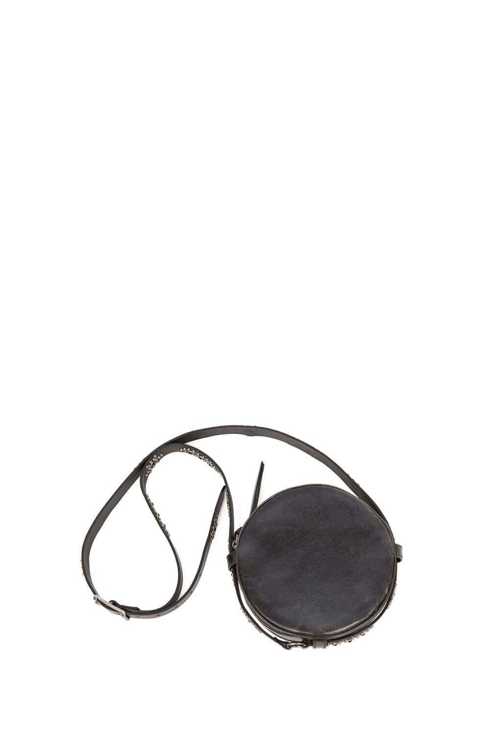 BEBE ROUND BAG Round leather bag with zip closure. Inner lining with two pockets. Studded shoulder strap. Lenght: 18 cm. Height: 18 cm. Depth: 5 cm. Made In Italy. HTC LOS ANGELES