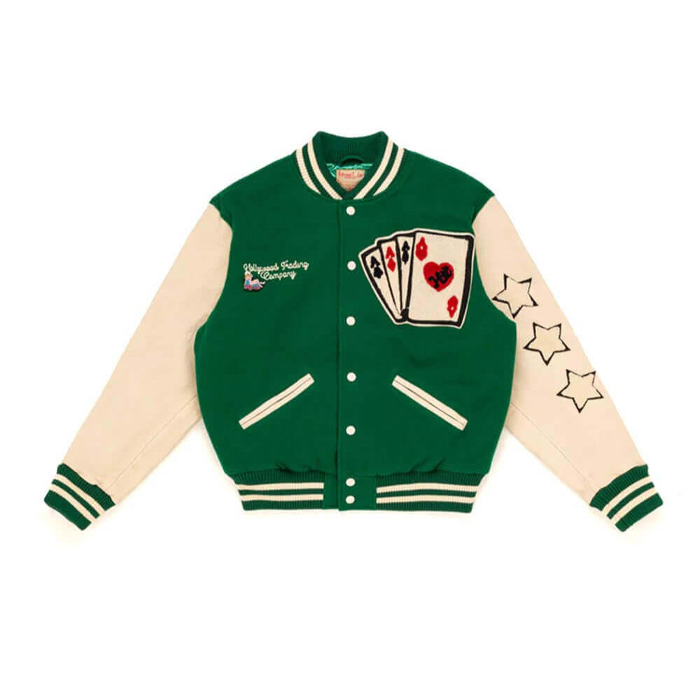 htc los angeles COLLEGE - CARDS GREEN COLLEGE - CARDS GREEN Varsity wool & leather bomber jacket. Front button closure, ribbed collar, cuffs and hem. Embroidered details and patches. Two side pockets. Main body composition: 70% Wool, 30% Acrylic; sleeves: