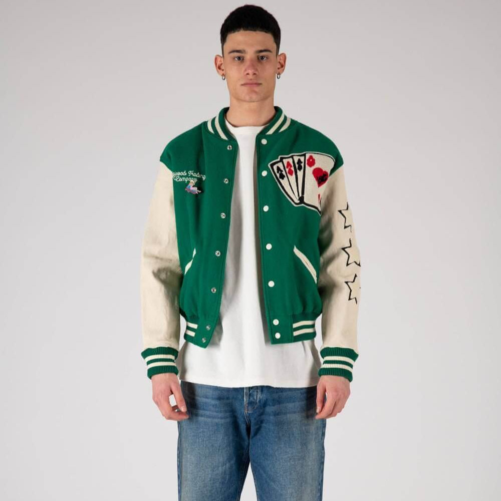 htc los angeles COLLEGE - CARDS GREEN COLLEGE - CARDS GREEN Varsity wool & leather bomber jacket. Front button closure, ribbed collar, cuffs and hem. Embroidered details and patches. Two side pockets. Main body composition: 70% Wool, 30% Acrylic; sleeves: