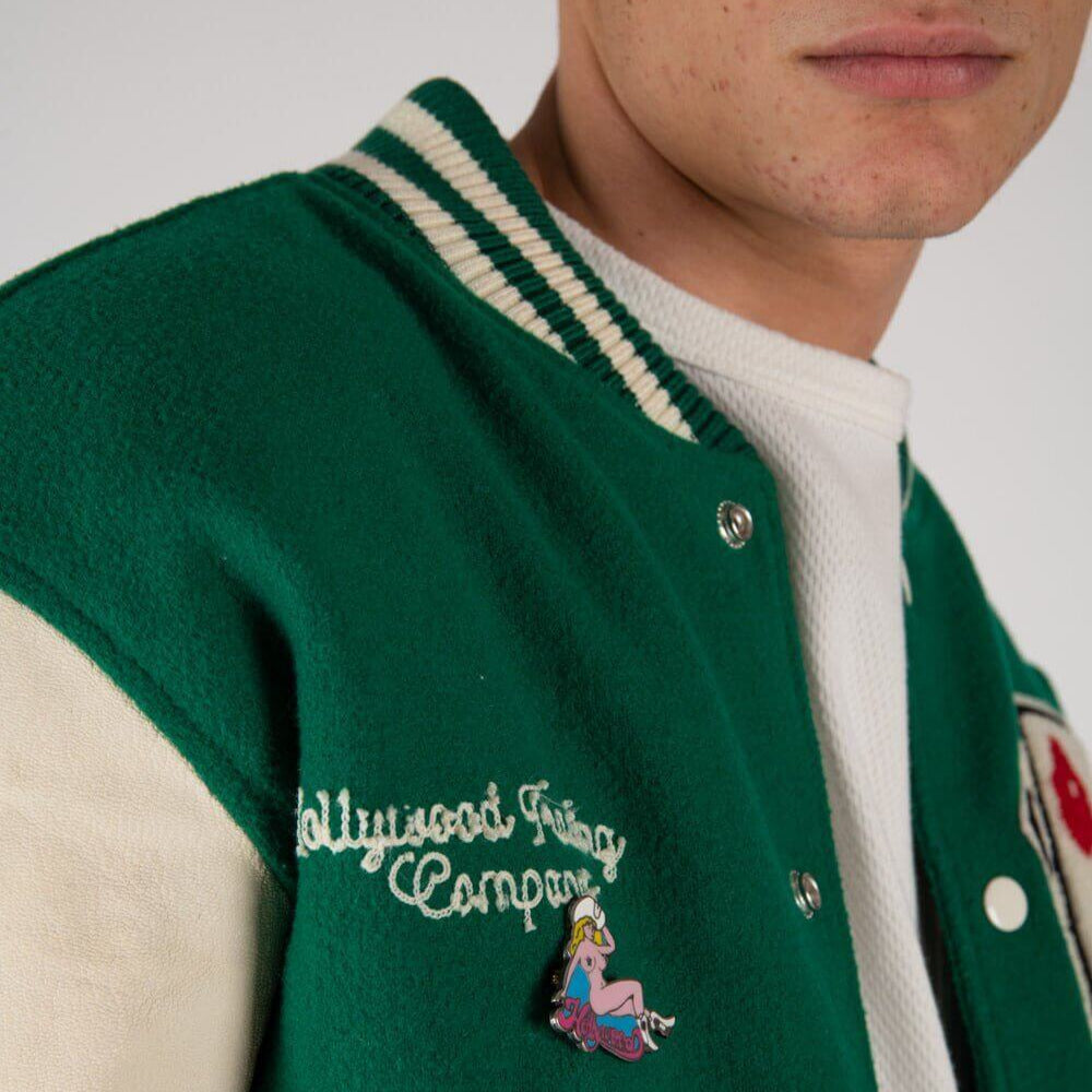 htc los angeles COLLEGE - CARDS GREEN COLLEGE - CARDS GREEN Varsity wool & leather bomber jacket. Front button closure, ribbed collar, cuffs and hem. Embroidered details and patches. Two side pockets. Main body composition: 70% Wool, 30% Acrylic; sleeves: