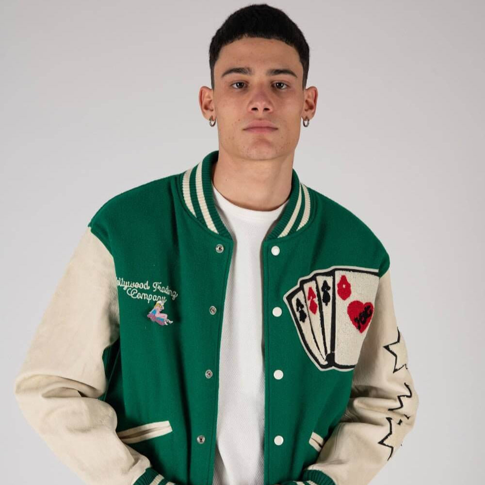 htc los angeles COLLEGE - CARDS GREEN COLLEGE - CARDS GREEN Varsity wool & leather bomber jacket. Front button closure, ribbed collar, cuffs and hem. Embroidered details and patches. Two side pockets. Main body composition: 70% Wool, 30% Acrylic; sleeves: