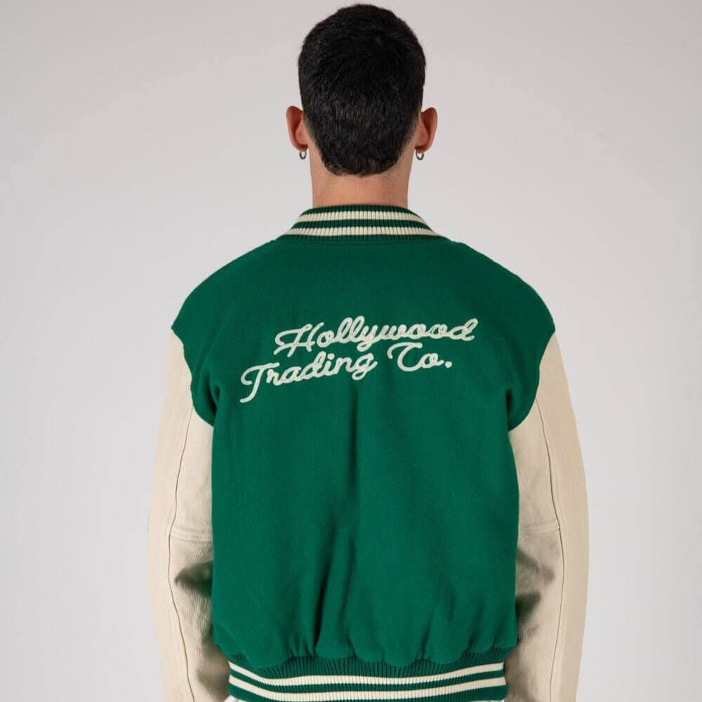htc los angeles COLLEGE - CARDS GREEN COLLEGE - CARDS GREEN Varsity wool & leather bomber jacket. Front button closure, ribbed collar, cuffs and hem. Embroidered details and patches. Two side pockets. Main body composition: 70% Wool, 30% Acrylic; sleeves: