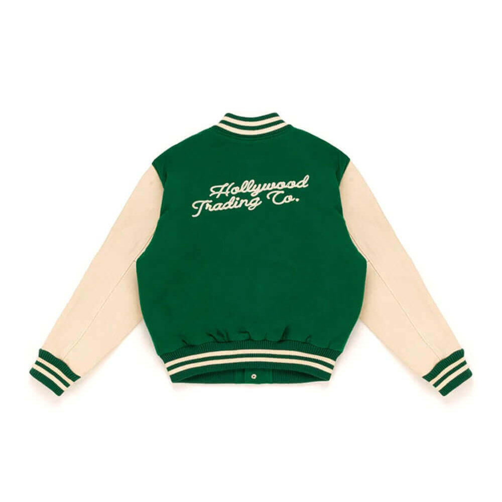 htc los angeles COLLEGE - CARDS GREEN COLLEGE - CARDS GREEN Varsity wool & leather bomber jacket. Front button closure, ribbed collar, cuffs and hem. Embroidered details and patches. Two side pockets. Main body composition: 70% Wool, 30% Acrylic; sleeves: