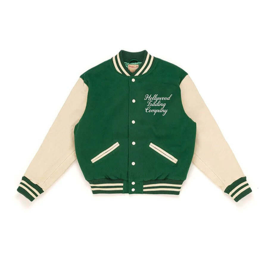 Hollywood Trading Company COLLEGE - EMBROIDERY MAN COLLEGE - EMBROIDERY MAN Varsity wool & leather bomber jacket. Front button closure, ribbed collar, cuffs and hem. Embroidered details. Two side pockets. Main body composition: 70% Wool, 30% Acrylic; slee