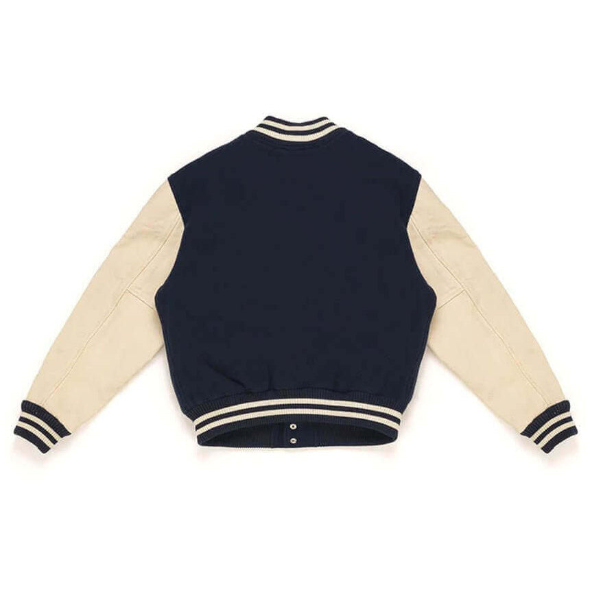 Hollywood Trading Company COLLEGE - EMBROIDERY MAN COLLEGE - EMBROIDERY MAN Varsity wool & leather bomber jacket. Front button closure, ribbed collar, cuffs and hem. Embroidered details. Two side pockets. Main body composition: 70% Wool, 30% Acrylic; slee