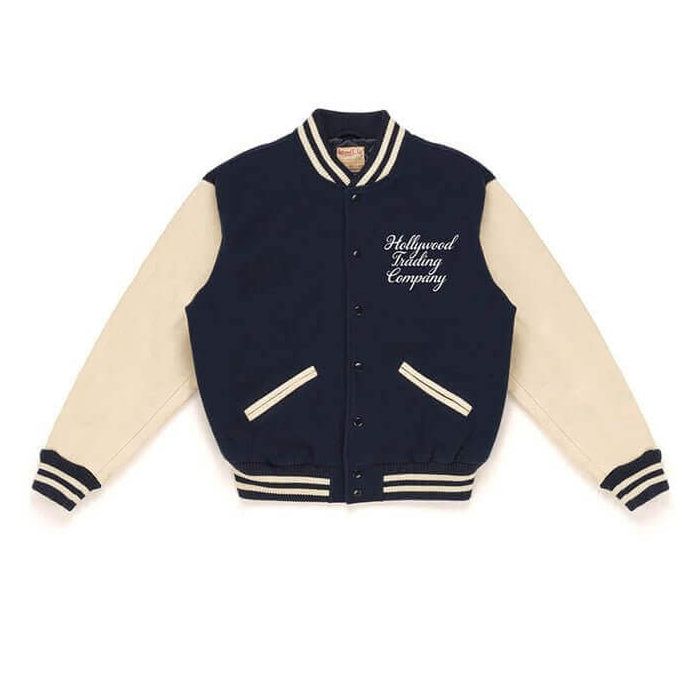 Hollywood Trading Company COLLEGE - EMBROIDERY MAN COLLEGE - EMBROIDERY MAN Varsity wool & leather bomber jacket. Front button closure, ribbed collar, cuffs and hem. Embroidered details. Two side pockets. Main body composition: 70% Wool, 30% Acrylic; slee