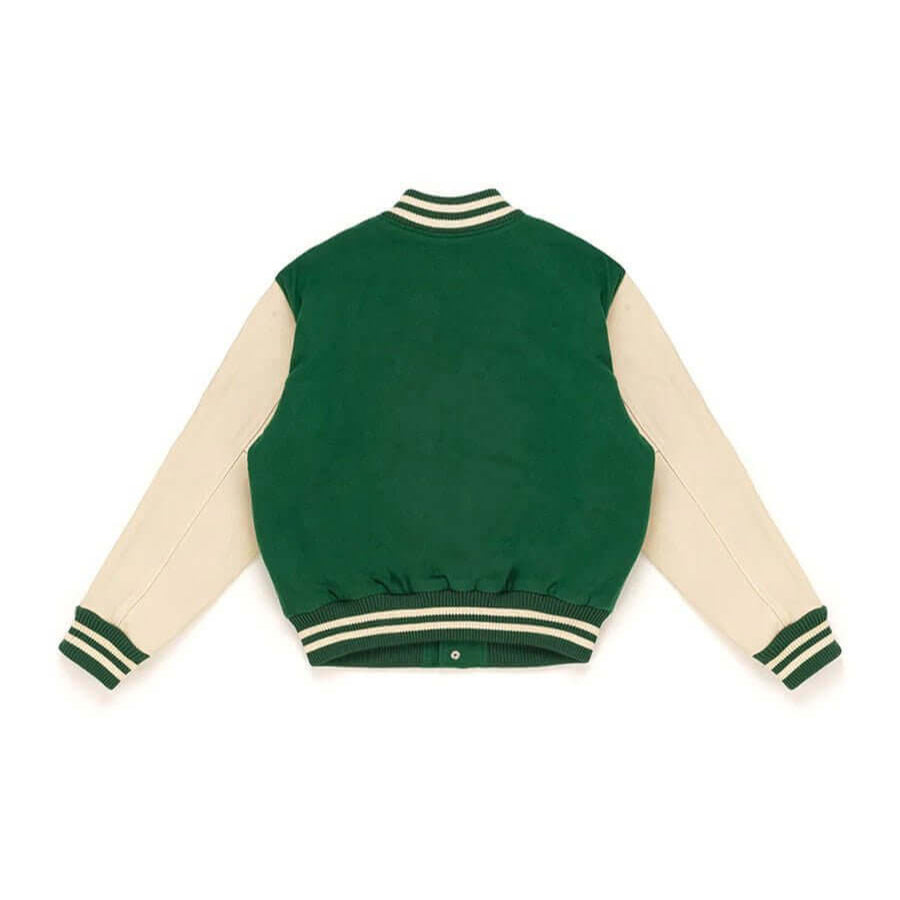 Hollywood Trading Company COLLEGE - EMBROIDERY MAN COLLEGE - EMBROIDERY MAN Varsity wool & leather bomber jacket. Front button closure, ribbed collar, cuffs and hem. Embroidered details. Two side pockets. Main body composition: 70% Wool, 30% Acrylic; slee