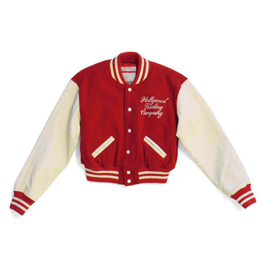 Hollywood Trading Company COLLEGE - EMBROIDERY WOMAN COLLEGE - EMBROIDERY WOMAN Varsity wool & leather bomber jacket. Front button closure, ribbed collar, cuffs and hem. Embroidered details. Two side pockets. Main body composition: 70% Wool, 30% Acrylic;