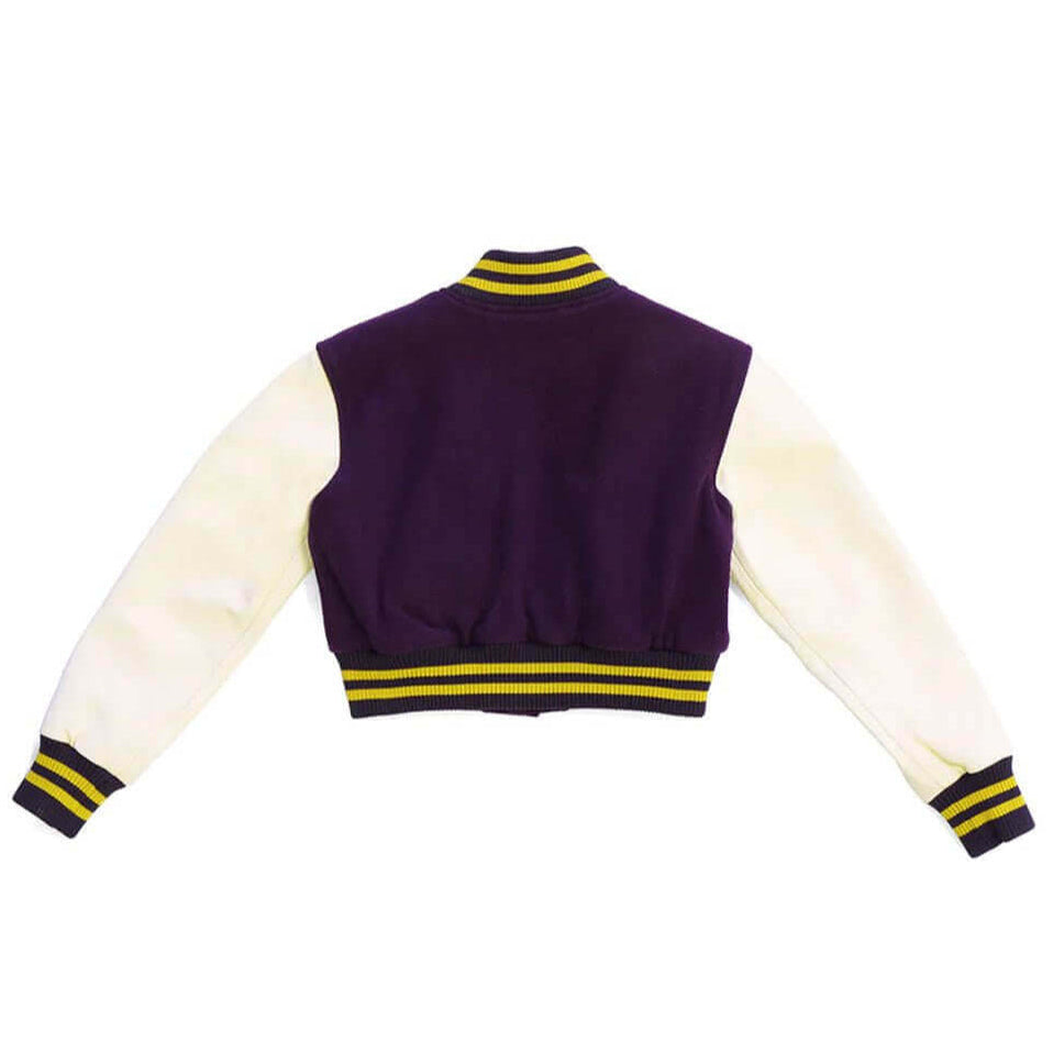 Hollywood Trading Company COLLEGE - EMBROIDERY WOMAN COLLEGE - EMBROIDERY WOMAN Varsity wool & leather bomber jacket. Front button closure, ribbed collar, cuffs and hem. Embroidered details. Two side pockets. Main body composition: 70% Wool, 30% Acrylic;