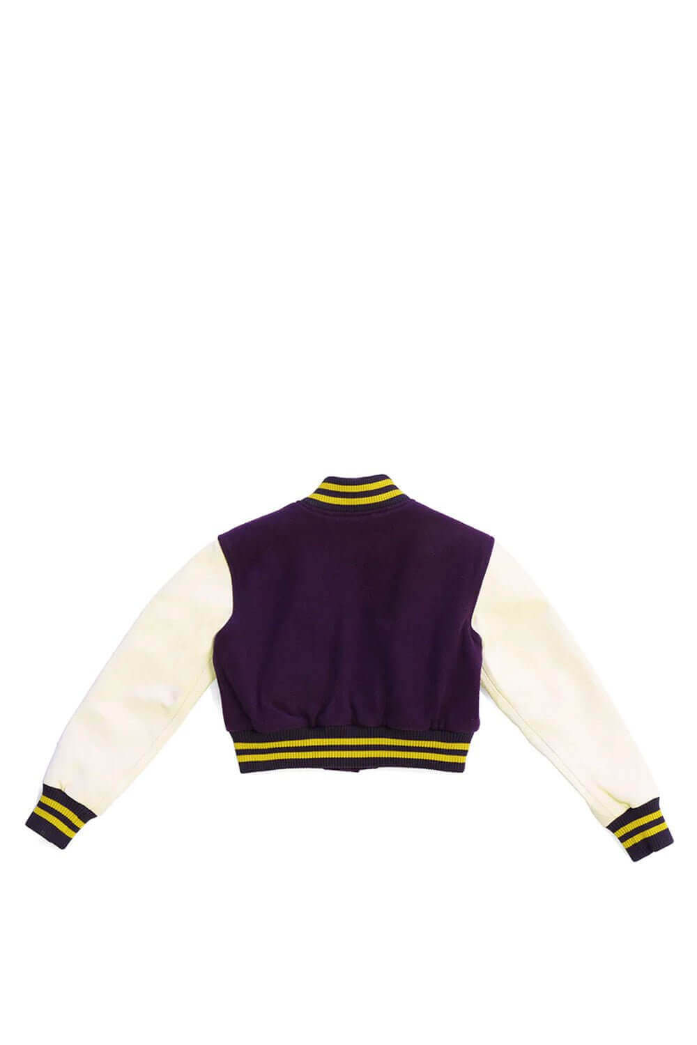 COLLEGE - EMBROIDERY WOMAN Varsity wool & leather bomber jacket. Front button closure, ribbed collar, cuffs and hem. Embroidered details. Two side pockets. Main body composition: 70% Wool, 30% Acrylic; sleeves: 100% Leather HTC LOS ANGELES