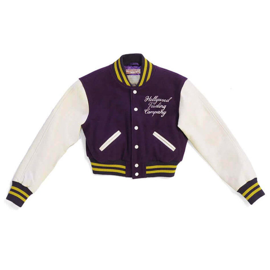 Hollywood Trading Company COLLEGE - EMBROIDERY WOMAN COLLEGE - EMBROIDERY WOMAN Varsity wool & leather bomber jacket. Front button closure, ribbed collar, cuffs and hem. Embroidered details. Two side pockets. Main body composition: 70% Wool, 30% Acrylic;