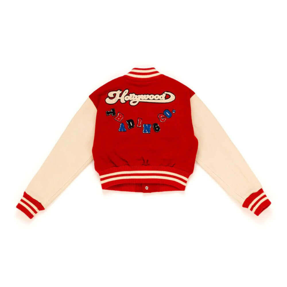 Hollywood Trading Company COLLEGE - SHIELD COLLEGE - SHIELD Varsity wool & leather bomber jacket. Front button closure, ribbed collar, cuffs and hem. Embroidered details and patches. Two side pockets. Main body composition: 70% Wool, 30% Acrylic; sleeves: