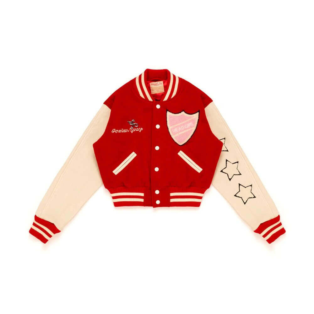 Hollywood Trading Company COLLEGE - SHIELD COLLEGE - SHIELD Varsity wool & leather bomber jacket. Front button closure, ribbed collar, cuffs and hem. Embroidered details and patches. Two side pockets. Main body composition: 70% Wool, 30% Acrylic; sleeves: