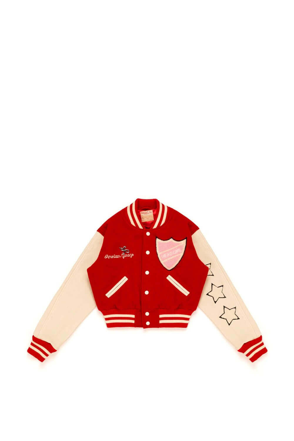 COLLEGE - SHIELD Varsity wool & leather bomber jacket. Front button closure, ribbed collar, cuffs and hem. Embroidered details and patches. Two side pockets. Main body composition: 70% Wool, 30% Acrylic; sleeves: 100% Leather HTC LOS ANGELES
