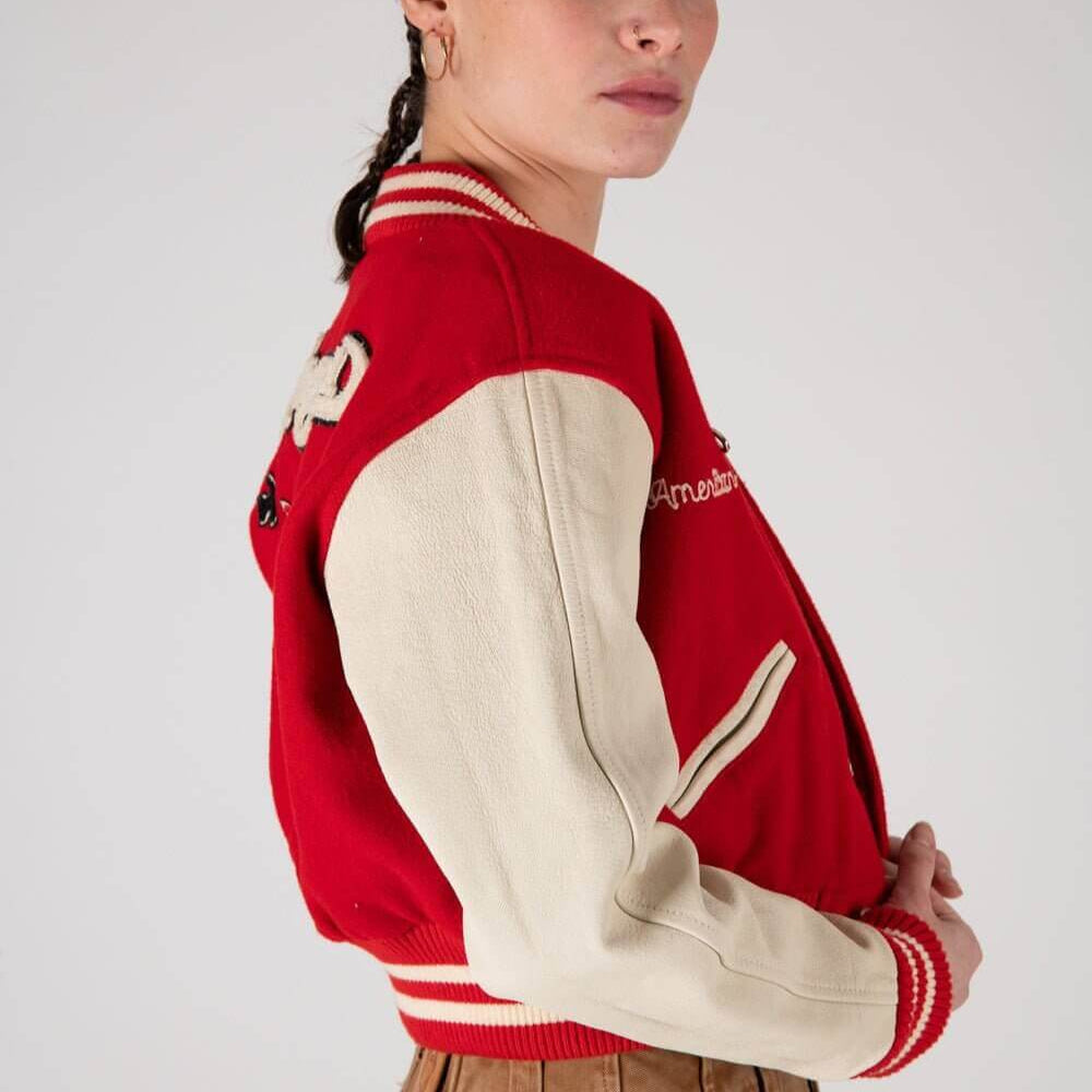 Hollywood Trading Company COLLEGE - SHIELD COLLEGE - SHIELD Varsity wool & leather bomber jacket. Front button closure, ribbed collar, cuffs and hem. Embroidered details and patches. Two side pockets. Main body composition: 70% Wool, 30% Acrylic; sleeves: