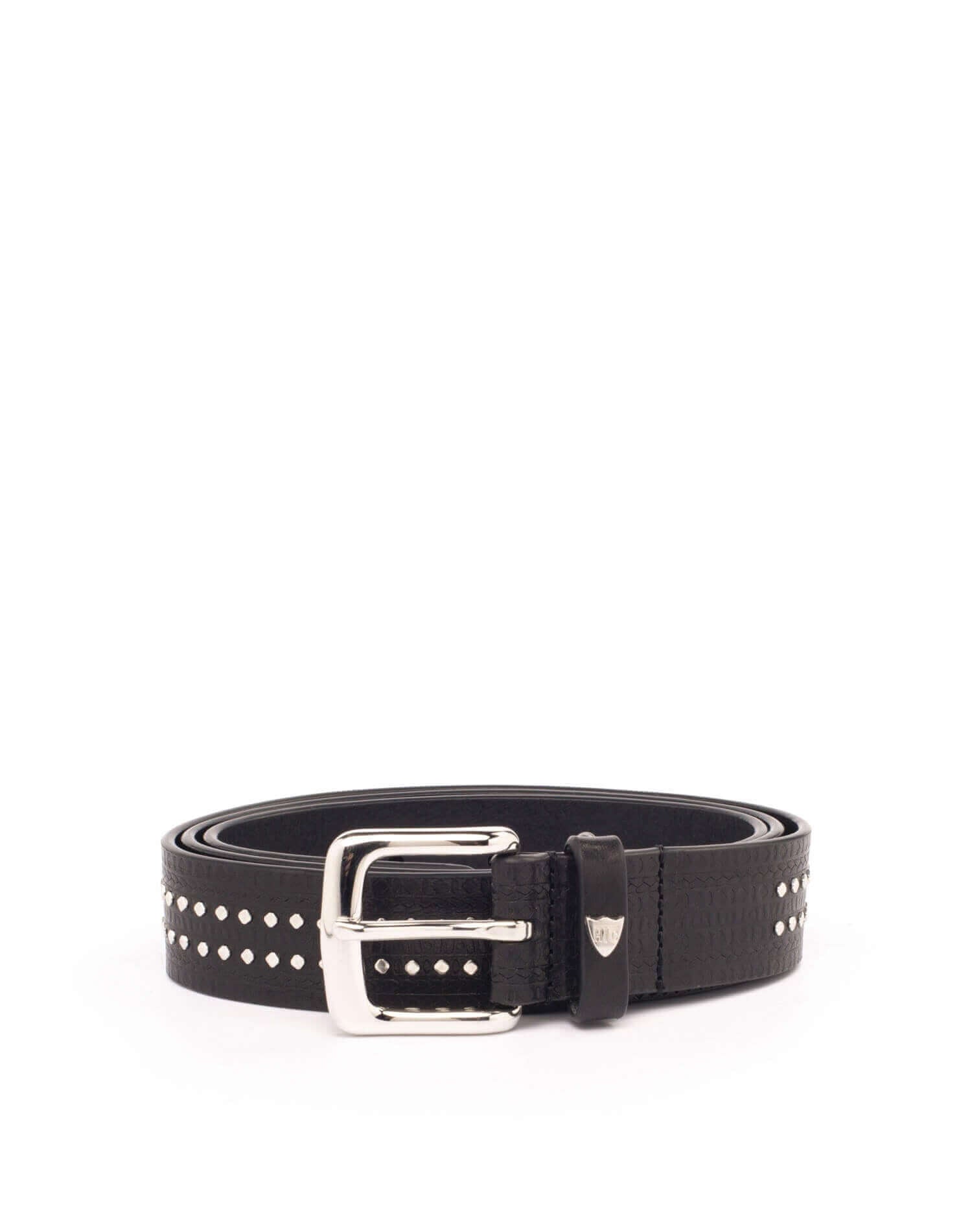 DEVO BELT Black leather belt with studs, brass buckle, studded zamac belt loop and rivet with HTC logo. Height: 3 cm. Made in Italy. HTC LOS ANGELES