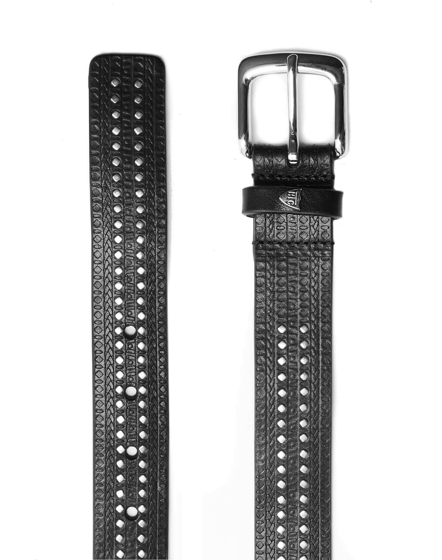DEVO BELT Black leather belt with studs, brass buckle, studded zamac belt loop and rivet with HTC logo. Height: 3 cm. Made in Italy. HTC LOS ANGELES