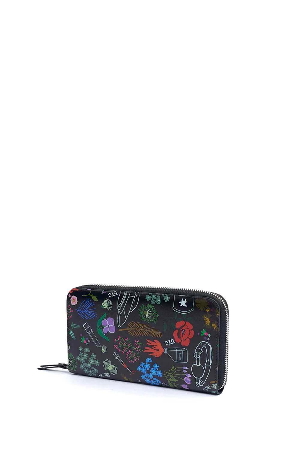 DIRTY FLOWERS ZIP WALLET Black leather coin purse with 'dirty flowers' print, zip closure and inner CC holder. Lenght: 18 cm. Height: 10 cm. Cowskin. Made In Italy. HTC LOS ANGELES