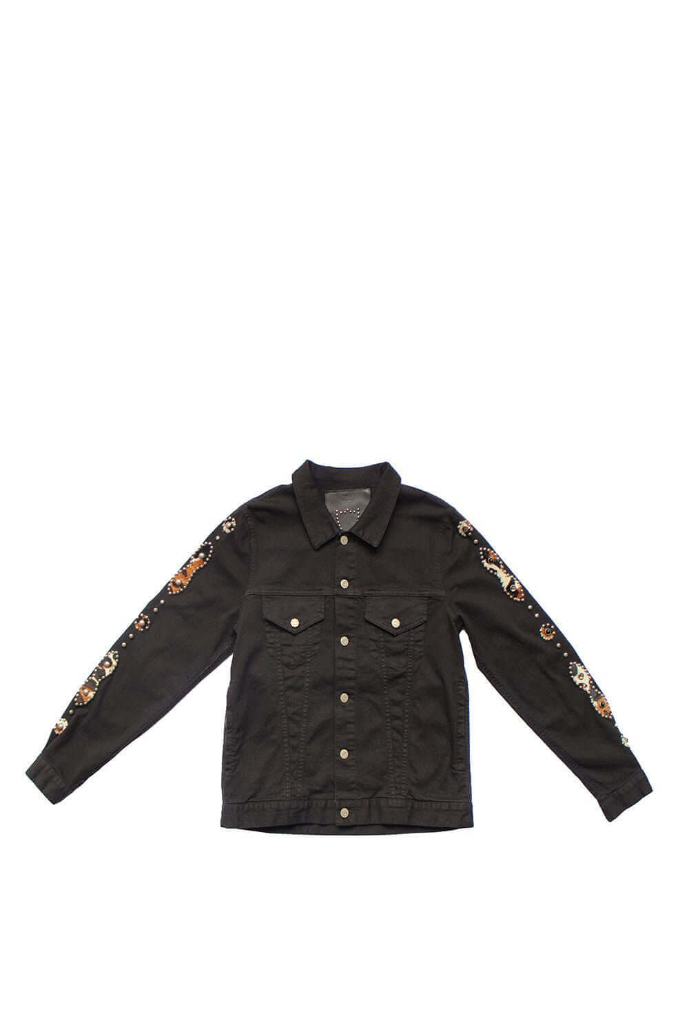 ENDENDALE BLACK DENIM JACKET Black denim studded jacket, button closure. 100% cotton. Made in Italy. HTC LOS ANGELES