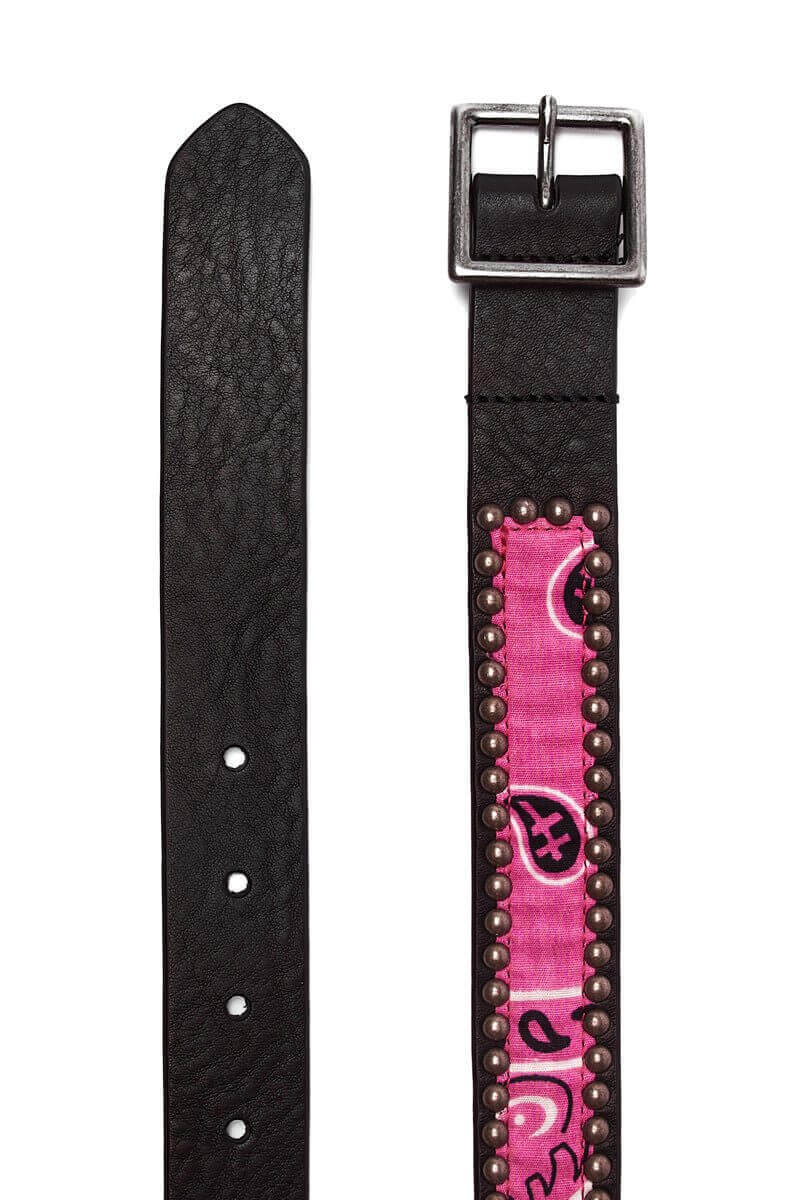 FLUO PAISLEY MINI BELT Leather studded belt with vintage paisley bandana application. Brass buckle. Made in Italy. 2 cm height. HTC LOS ANGELES