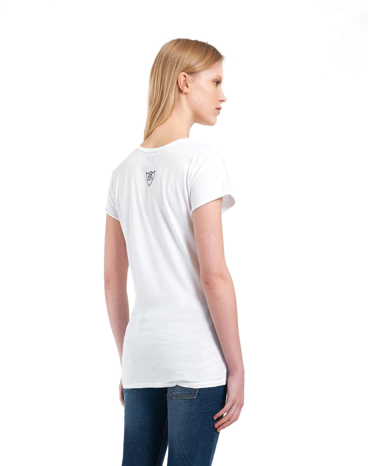 HTC BASIC T-SHIRT WOMAN White cotton t-shirt with black HTC Los Angeles shield logo printed on the front. HTC LOS ANGELES
